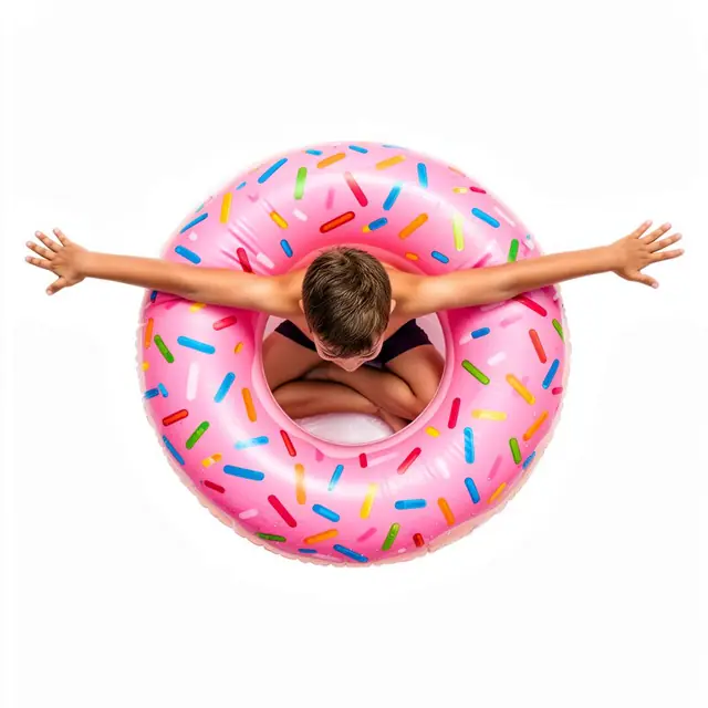 Joyful boy seated in a pink doughnut pool float with arms wide open